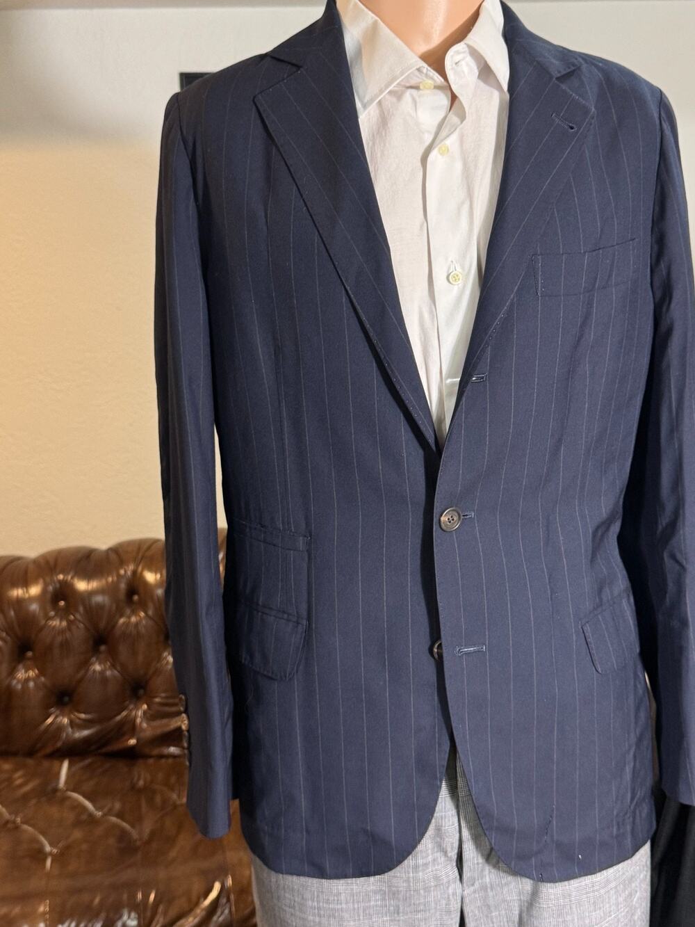 Brunello Cucinelli Navy Blue Wool Striped Deconstructed Blazer 48 38R